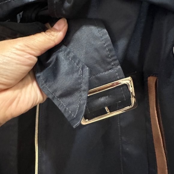 Sz M Womens Jones New York Trench Coat Mid Length Navy Belt Vent Full Zip satin - Picture 8 of 11